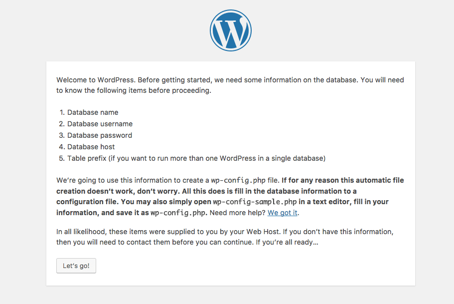 Wordpress setup screen