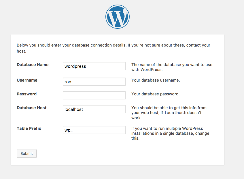 Wordpress database connection setup screen